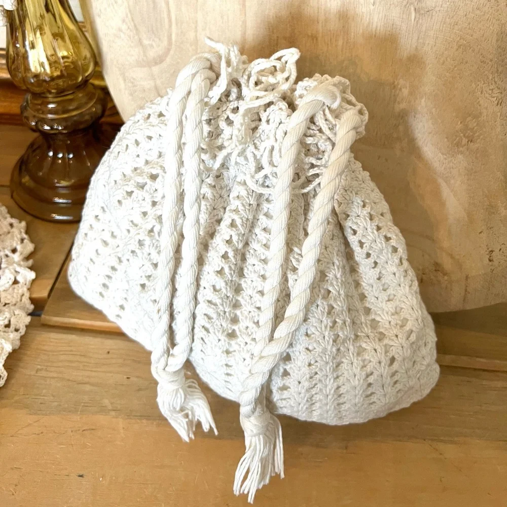 Vintage Handmade Crochet Doily Rope Cinched Festival Hippie Prairie Bag